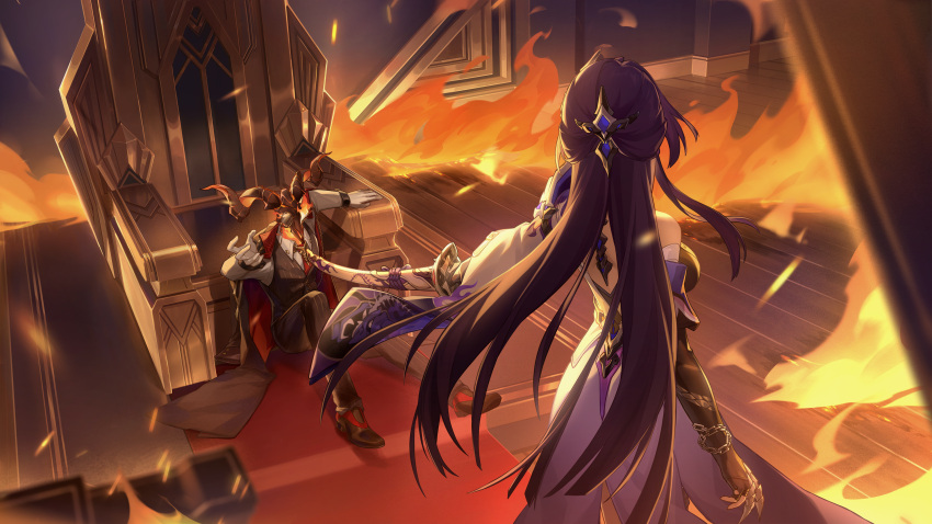 1boy, 1girl, absurdres, acheron_(honkai:_star_rail), bad_link, bare_shoulders, black_coat, black_footwear