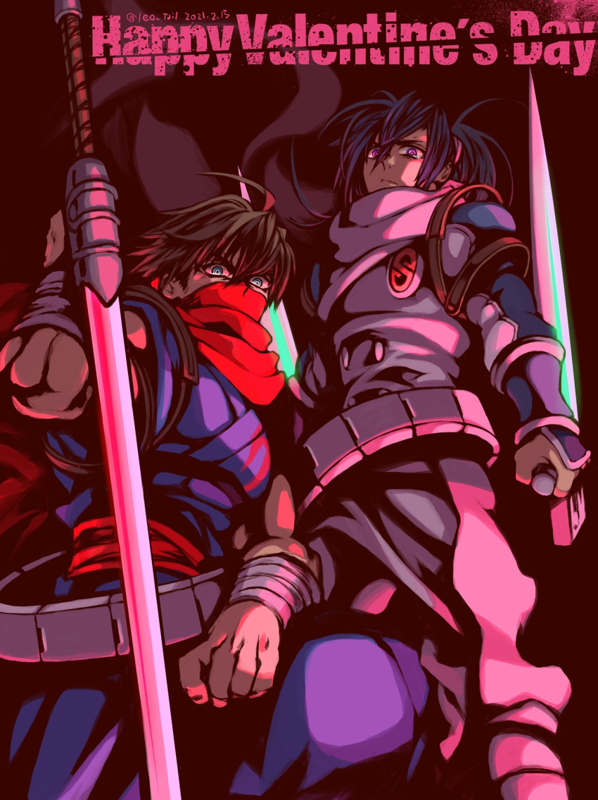 2boys, ahoge, bladed_tonfa, blue_eyes, blue_hair, brown_hair, dated, from_below
