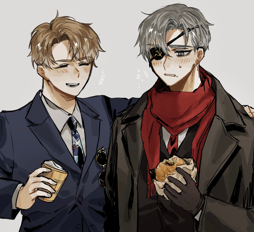2boys, black_gloves, black_jacket, blue_jacket, coat, collared_shirt, food, gloves