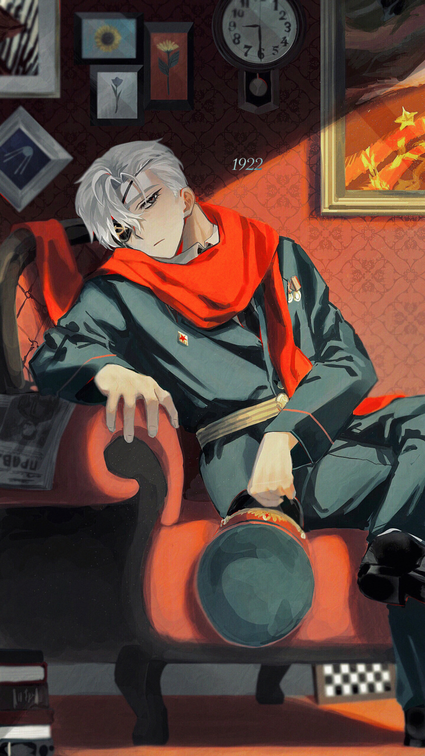 1922, 1boy, absurdres, armchair, black_footwear, black_jacket, black_pants, chair, clock, crossed_legs, eyepatch, grey_eyes, head_tilt, highres, indoors, jacket, male_focus, military_dress_uniform, original, pants, personification, picture_frame, saboten92, shoes, solo, soviet_union_(saboten92), white_hair