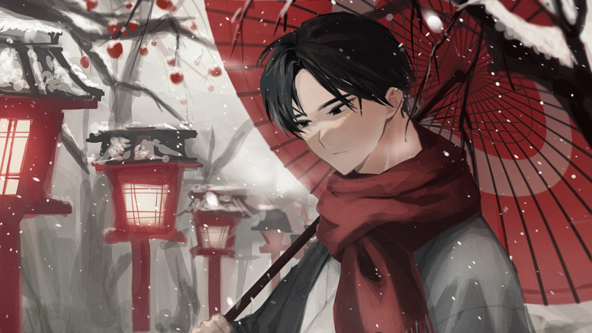1boy, black_eyes, black_hair, branch, closed_mouth, coat, grey_coat, highres, japan_(saboten92), long_sleeves, oil-paper_umbrella, original, parted_bangs, personification, red_scarf, saboten92, scarf, snow, snowing, solo, tree, umbrella, upper_body, winter