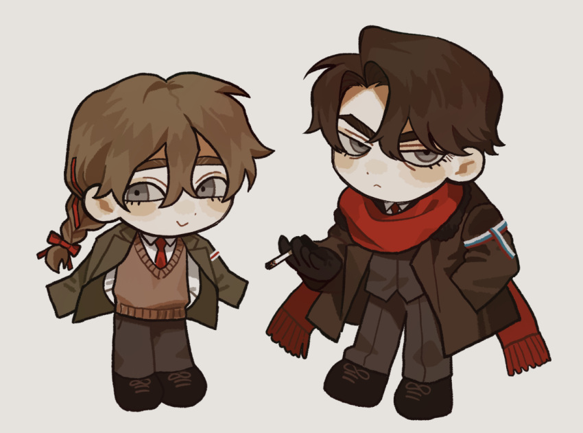2boys, :>, :<, arms_behind_back, belarus_(saboten92), black_pants, braid, brown_hair