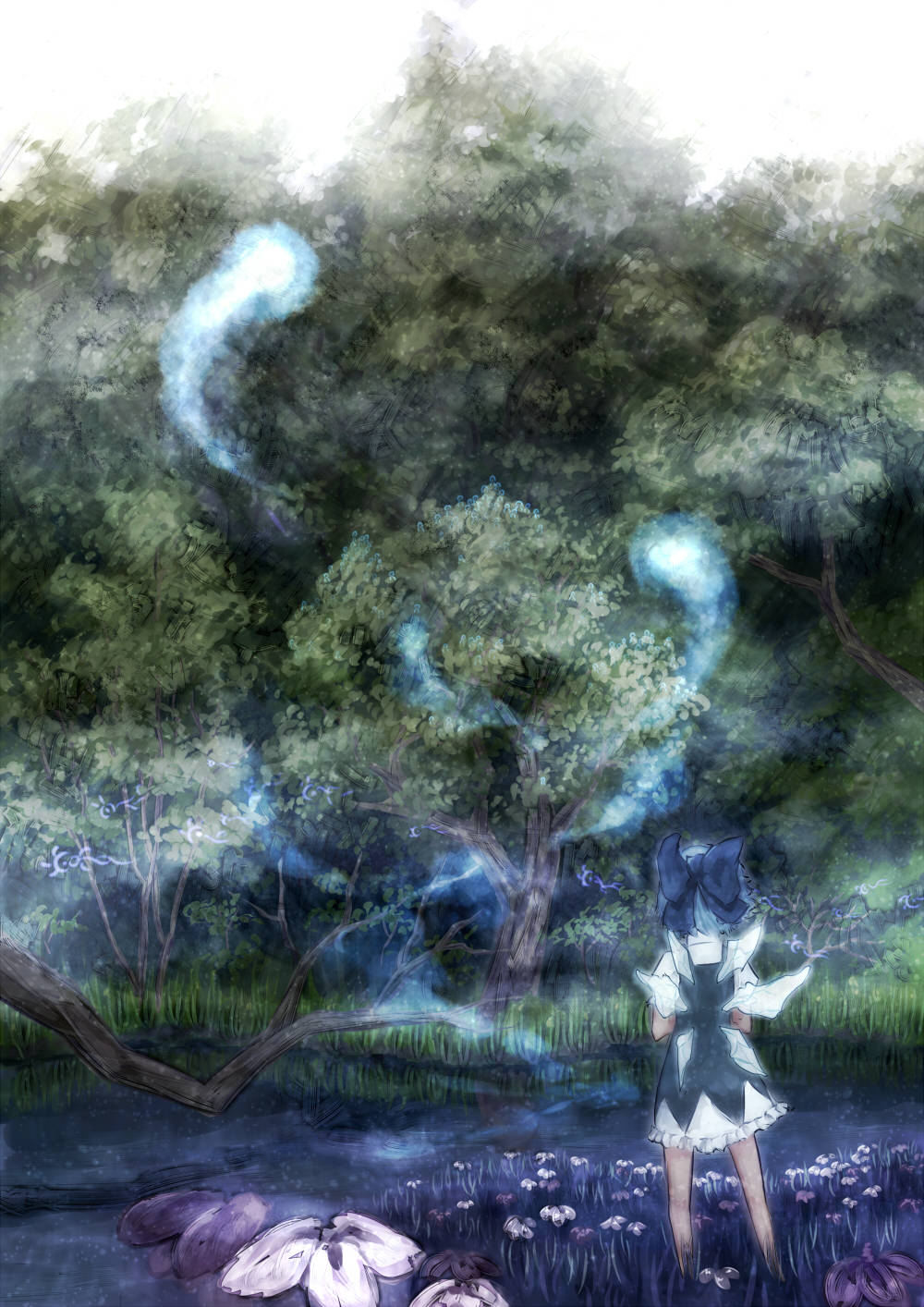 blue_hair, bow, cirno, flower, forest, from_behind, hair_bow, highres, hitodama, landscape, nature, same_(pixiv), same_2009, short_hair, solo, touhou, tree, wings