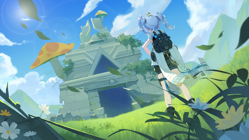 1girl, absurdres, backpack, bag, bare_arms, bare_legs, bare_tree, black_bag, black_footwear, black_shorts, blue_hair, blue_sky, body_markings, boots, chinese_commentary, clouds, coin, commentary, daisy, fisheye, flower, from_behind, full_body, giant_mushroom, grass, hair_ornament, hand_on_own_hip, hat, highres, holed_coin, ivy, lens_flare, mini_hat, mountain, mushroom, outdoors, overgrown, puffy_shorts, ruins, scroll, short_hair, short_twintails, shorts, sky, snowflake_hair_ornament, solo, standing, tacet_mark_(wuthering_waves), temple, thigh_strap, tree, twintails, white_flower, white_hat, wuthering_waves, yellow_flower, yige_mao_pi, youhu_(wuthering_waves)