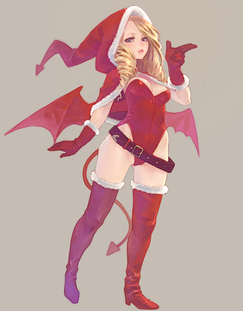 beltskirt, blonde_hair, boots, christmas, demon_tail, devil, drill_hair, gloves