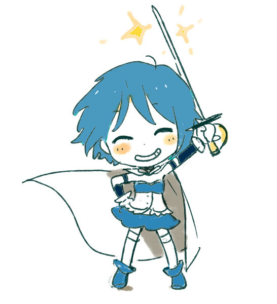 ^_^, arm_up, bad_id, bad_tumblr_id, blue_footwear, blue_hair, blue_skirt, blush_stickers