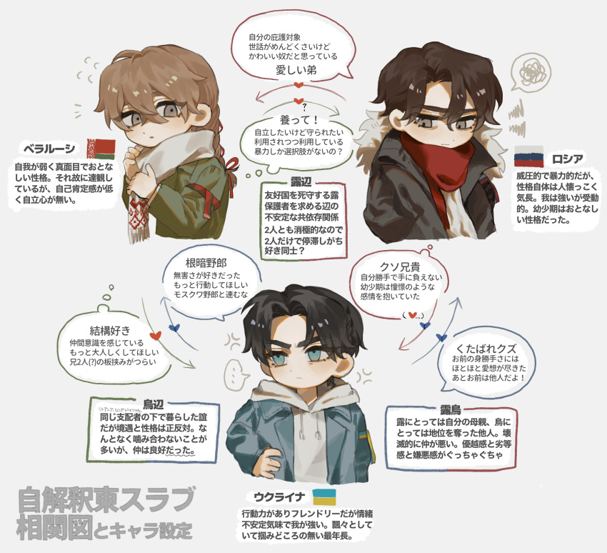 3boys, belarus_(saboten92), belarusian_flag, black_hair, blue_eyes, blush, brown_hair, closed_mouth
