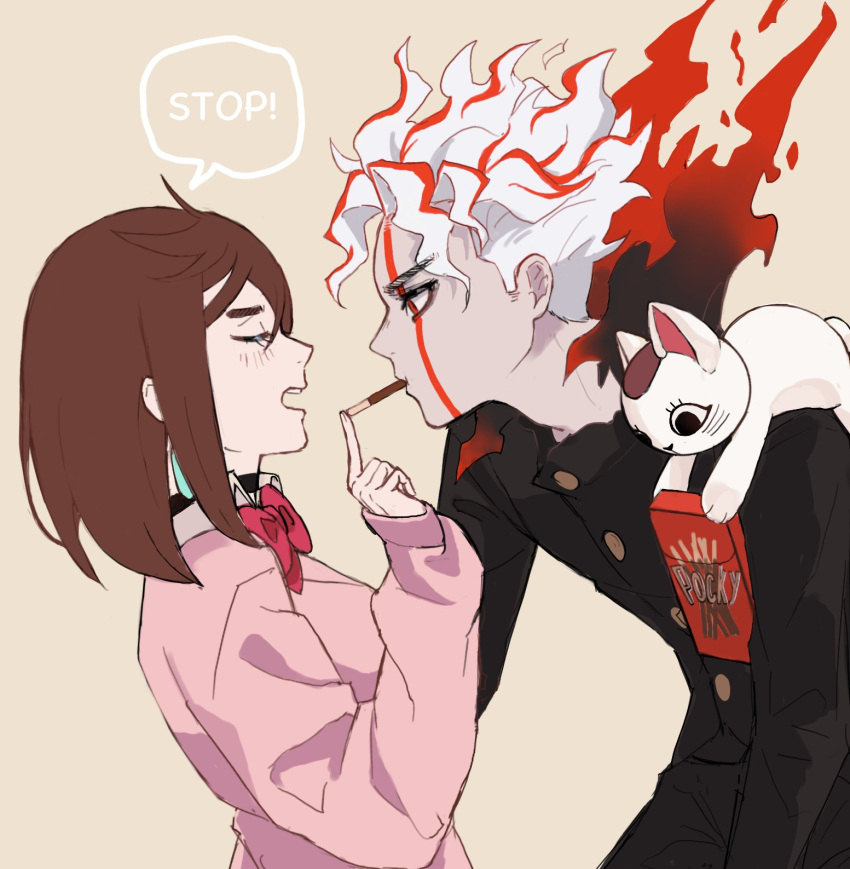 1boy, 1girl, alternate_form, animal_ears, ayase_momo, black_choker, black_jacket, bow, bowtie, brown_hair, cat, cat_ears, choker, collared_shirt, commentary_request, dandadan, dress_shirt, earrings, english_text, facial_mark, facing_another, food, food_in_mouth, from_side, gakuran, high_collar, highres, holding, holding_food, holding_pocky, jacket, jewelry, korean_commentary, light_blush, long_sleeves, looking_at_another, medium_hair, on_shoulder, open_mouth, pink_sweater, pocky, pocky_day, pocky_in_mouth, profile, red_bow, red_bowtie, red_eyes, school_uniform, shirt, short_hair, simple_background, sleeves_past_wrists, speech_bubble, sweater, takakura_ken_(dandadan), thick_eyebrows, torn_clothes, transformation, turbo_granny, upper_body, white_hair, white_shirt, wolf6481