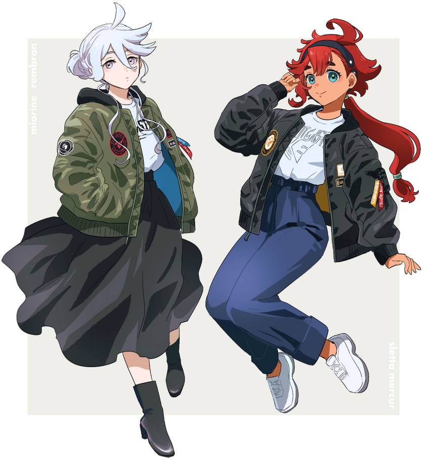 2girls, ahoge, black_hairband, blue_eyes, denim, grey_eyes, grey_hair, gundam
