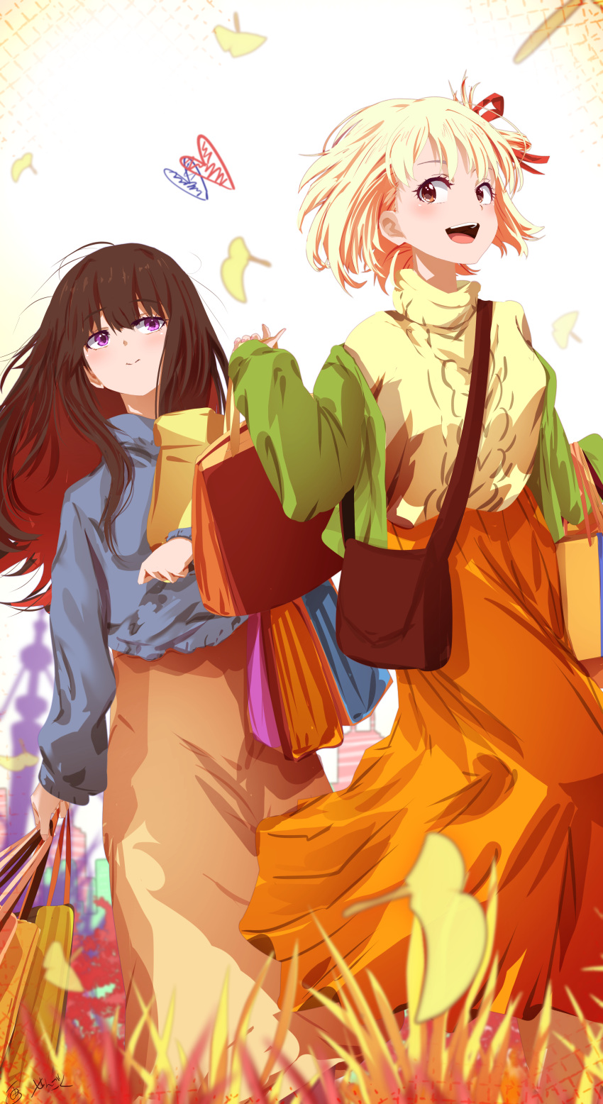 2girls, :d, absurdres, bag, black_hair, blonde_hair, blue_shirt, cardigan, commentary_request, green_cardigan, hair_ribbon, highres, inoue_takina, long_hair, long_skirt, lycoris_recoil, multiple_girls, nishikigi_chisato, orange_skirt, red_eyes, ribbon, sayuri_(singer), sengoku_chidori, shirt, shopping_bag, short_hair, shoulder_bag, skirt, smile, turtleneck, violet_eyes, yellow_shirt