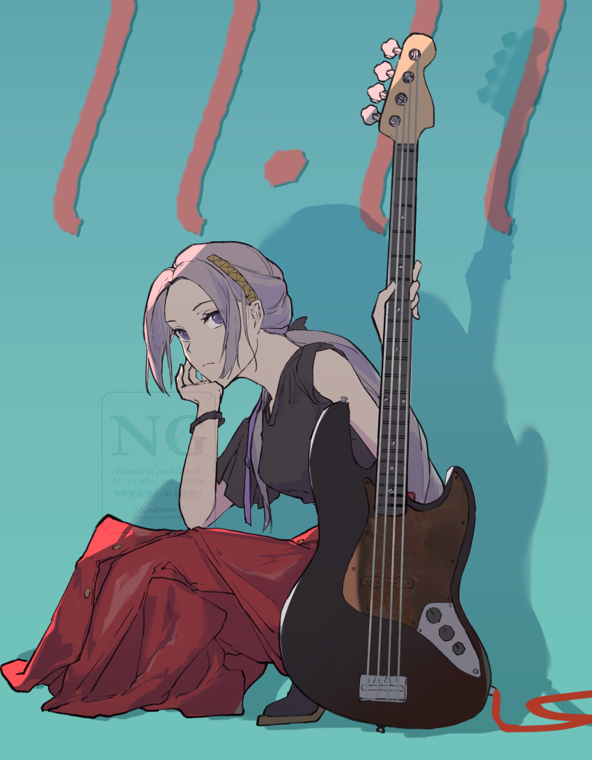 1girl, absurdres, bracelet, edelgard_von_hresvelg, fire_emblem, fire_emblem:_three_houses, fire_emblem_warriors:_three_hopes, guitar, hair_ornament, hair_ribbon, highres, instrument, jewelry, long_hair, looking_at_viewer, ponytail, ribbon, saneyoshiii7, single_sleeve, skirt, solo, violet_eyes, white_hair