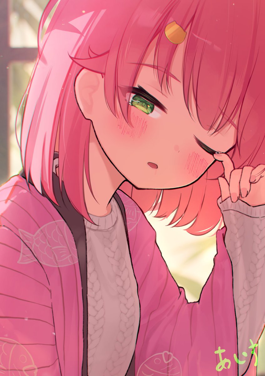 1girl, aisu_(aicetkr), alternate_costume, blurry, blurry_background, blush, cat_hair_ornament, close-up, finger_to_eye, green_eyes, hair_ornament, half-closed_eyes, hand_on_own_face, hand_up, hanten_(clothes), highres, hololive, indoors, japanese_clothes, kimono, long_sleeves, looking_at_viewer, one_eye_closed, pink_hair, pink_kimono, ribbed_shirt, ribbed_sweater, sakura_miko, shirt, short_hair, signature, sleepy, solo, sweater, tears, virtual_youtuber, waking_up, wide_sleeves, window, wiping_tears