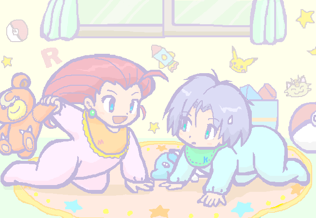 1boy, 1girl, age_regression, aged_down, baby, bib, gardear058, james_(pokemon), jessie_(pokemon), onesie, pikachu, pokemon, pokemon_(anime), pokemon_(creature), rocket, stuffed_animal, stuffed_toy, team_rocket, teddiursa, teddy_bear, toddler
