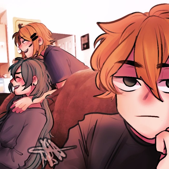 1boy, 2girls, alternate_eye_color, alternate_hair_color, black_eyes, black_hair, black_sweater, blonde_hair