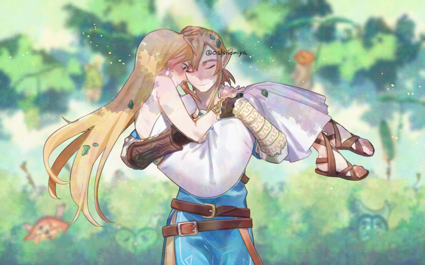 1boy, 1girl, belt, blonde_hair, blue_tunic, blurry, blurry_background, blush