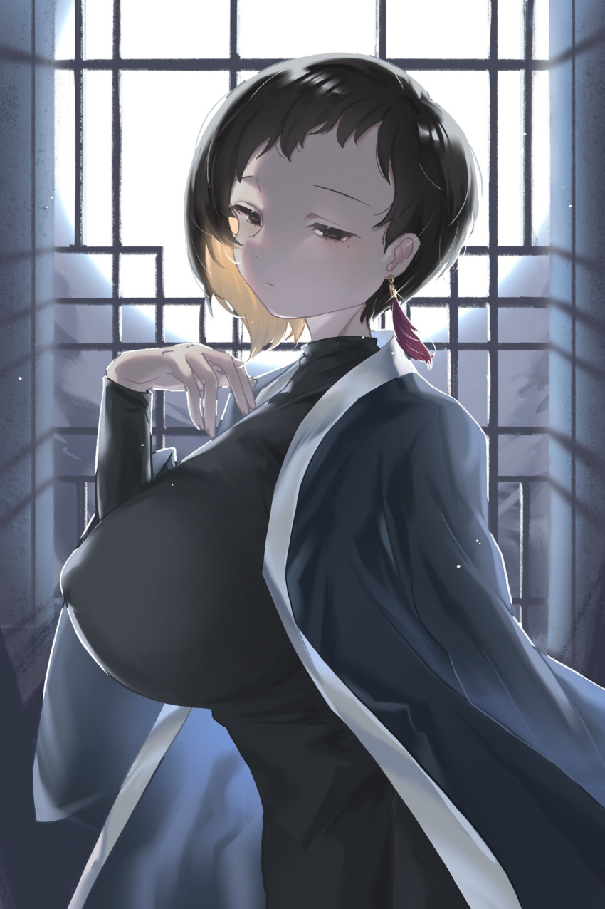 1girl, binah_(project_moon), black_coat, black_eyes, black_hair, black_jeogori, black_shirt, blade_lineage_(identity)_(project_moon), breasts, coat, colored_inner_hair, earrings, ee_extension_02, highres, huge_breasts, jewelry, looking_at_viewer, moon, multicolored_hair, project_moon, shirt, short_hair, window