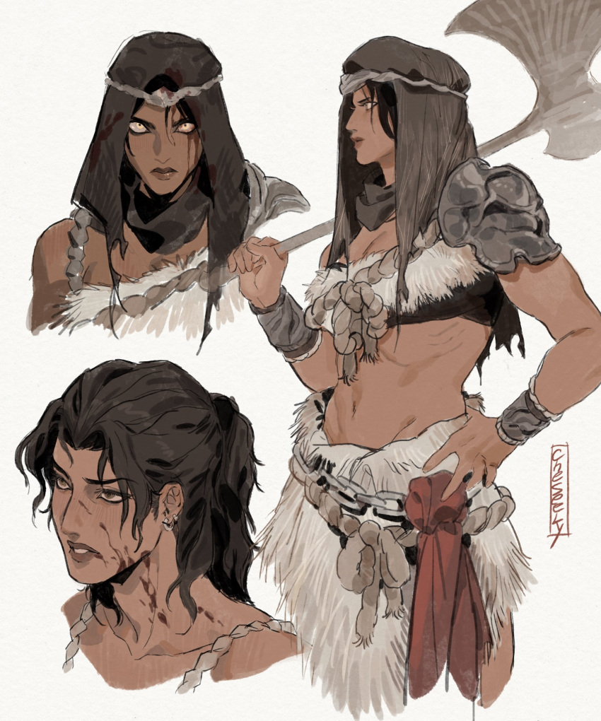1girl, armor, bandeau, black_hair, black_lips, blood, blood_on_face, cheseely