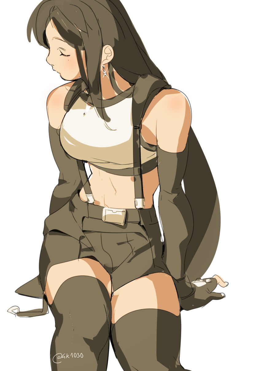 1girl, 4k1030, absurdres, black_gloves, black_hair, black_skirt, black_sports_bra, black_thighhighs, breasts, closed_eyes, earrings, final_fantasy, final_fantasy_vii, final_fantasy_vii_remake, fingerless_gloves, floating_earring, gloves, hands_on_ground, highres, jewelry, large_breasts, long_hair, low-tied_long_hair, midriff, miniskirt, simple_background, sitting, skirt, solo, sports_bra, straight_hair, suspenders, tank_top, thigh-highs, tifa_lockhart, twitter_username, white_background, white_tank_top