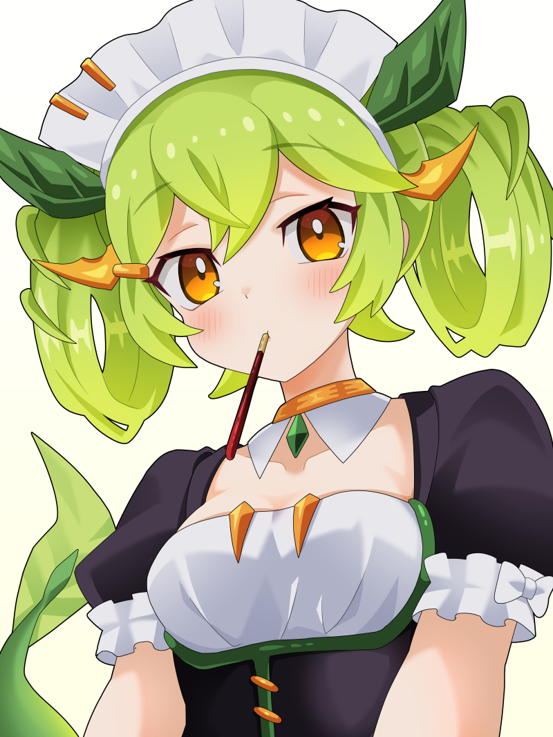 1girl, black_dress, blush, breasts, collarbone, detached_collar, dragon_girl, dragon_horns, dragon_tail, dress, duel_monster, food, food_in_mouth, frilled_sleeves, frills, green_hair, hair_ornament, hair_rings, happy, horns, kura_(xxcracy), large_breasts, leaf_hair_ornament, looking_at_viewer, maid, maid_headdress, orange_eyes, parlor_dragonmaid, parted_lips, pocky, pocky_in_mouth, short_sleeves, short_twintails, simple_background, solo, tail, twintails, upper_body, white_background, yu-gi-oh!