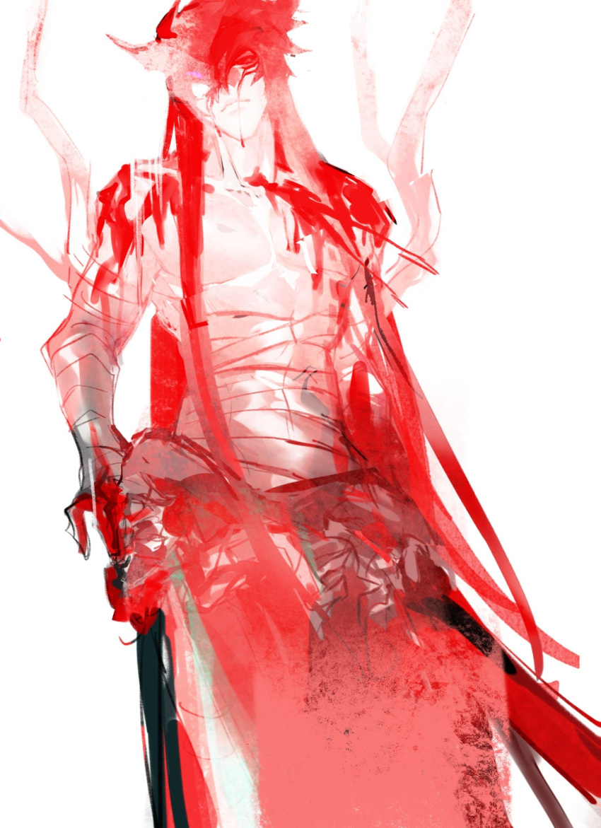 1boy, bandaged_arm, bandaged_torso, bandaged_waist, bandages, blood, blood_on_face, blood_on_shoulder