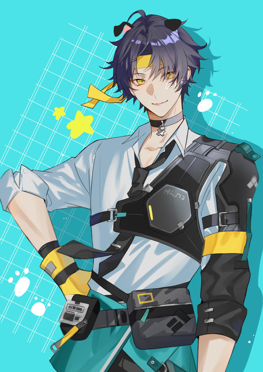 1boy, absurdres, asaba_harumasa, black_hair, black_necktie, closed_mouth, headband, highres, looking_at_viewer, male_focus, necktie, parted_bangs, ri_annri, shadow, shirt, short_hair, simple_background, smile, solo, white_shirt, yellow_eyes, yellow_headband, zenless_zone_zero