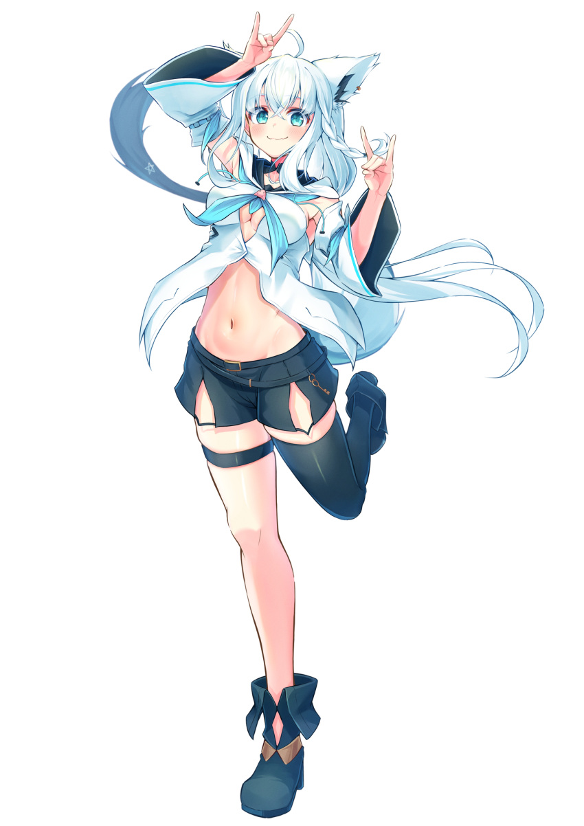 highres, hololive, kamkampan, shirakami_fubuki, stomach, thighs, virtual_youtuber, white_hair