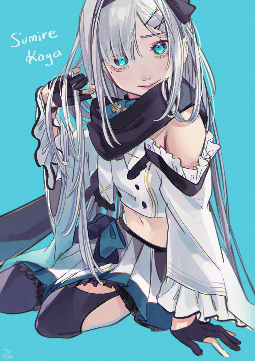 1girl, absurdres, aqua_background, aqua_eyes, arm_support, armpit_crease, bare_shoulders, black_gloves, black_scarf, black_thighhighs, blunt_bangs, buttons, character_name, cropped_shirt, double-breasted, frilled_skirt, frilled_sleeves, frills, garter_straps, gloves, grey_hair, hair_ornament, hairband, hairclip, half_gloves, hand_in_own_hair, highres, kaga_sumire, kaga_sumire_(5th_costume), long_hair, long_sleeves, looking_at_viewer, lupinus_virtual_games, midriff, navel, off-shoulder_shirt, off_shoulder, parted_lips, partially_fingerless_gloves, pleated_skirt, scarf, shirt, sidelocks, sitting, skirt, solo, thigh-highs, virtual_youtuber, vspo!, white_shirt, white_skirt, wide_sleeves, yokozuwari, zoramaruta