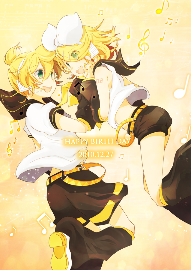 arm_warmers, ascot, belt, blonde_hair, bow, brown_eyes, detached_sleeves, green_eyes, hair_bow, hair_ribbon, happy_birthday, headphones, headset, holding_hands, kagamine_len, kagamine_rin, matsyumaro, musical_note, necktie, open_mouth, ribbon, short_hair, shorts, siblings, smile, twins, vocaloid
