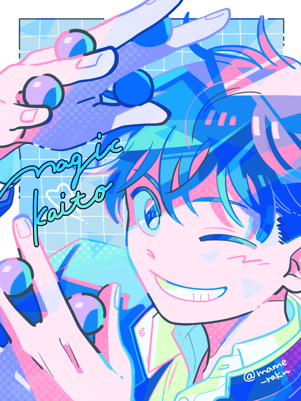 1boy, ball, blue_eyes, blue_hair, border, colored_eyelashes, commentary_request, copyright_name