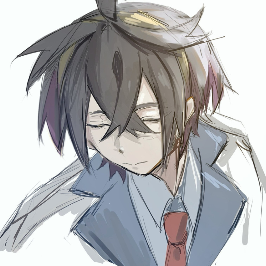 1boy, 3:, black_hair, blue_shirt, closed_eyes, closed_mouth, collared_shirt, colored_inner_hair