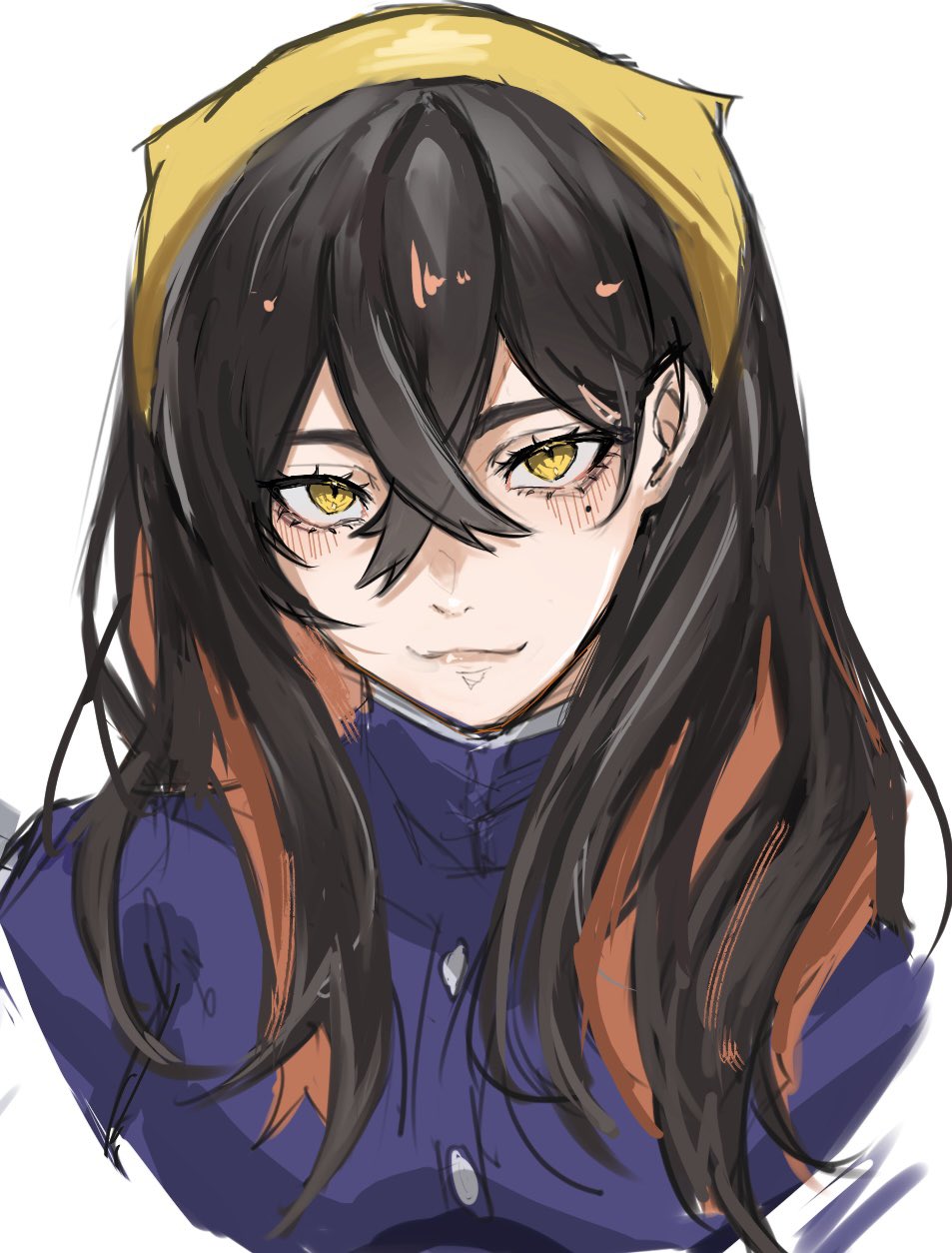 1girl, black_hair, blue_jacket, buttons, carmine_(pokemon), closed_mouth, colored_inner_hair, crossed_bangs, eyelashes, hair_between_eyes, hairband, highres, jacket, long_hair, mole, mole_under_eye, mone_(anemos), multicolored_hair, pokemon, pokemon_sv, redhead, simple_background, smile, solo, two-tone_hair, upper_body, white_background, yellow_eyes, yellow_hairband