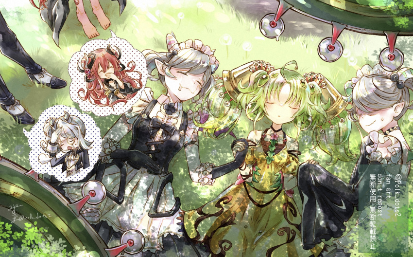 5girls, :3, ahoge, amused, arianna_the_labrynth_servant, arianne_the_labrynth_servant, arias_the_labrynth_butler, bare_shoulders, barefoot, black_gloves, black_sleeves, butler, center_frills, closed_eyes, dappled_sunlight, demon_girl, dress, drooling, duel_monster, elbow_gloves, facepalm, female_butler, frills, gloves, green_hair, grey_hair, hair_ornament, hand_to_own_mouth, highres, holding_hands, horns, lying, maid, maid_headdress, mizutama_(mizutamalion), monocle, multiple_girls, on_back, on_side, pointy_ears, puff_of_air, redhead, siblings, sigh, signature, sisters, sleeping, smile, sunlight, sweatdrop, traptrix, traptrix_allomerus, traptrix_sera, twintails, twitter_username, white_gloves, yellow_dress, yu-gi-oh!