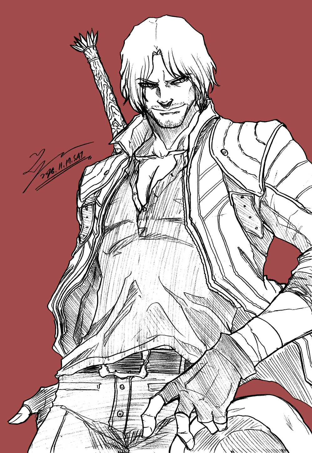 1boy, beard_stubble, dante_(devil_may_cry), devil_may_cry_(series), devil_may_cry_5, facial_hair, fingerless_gloves, gloves