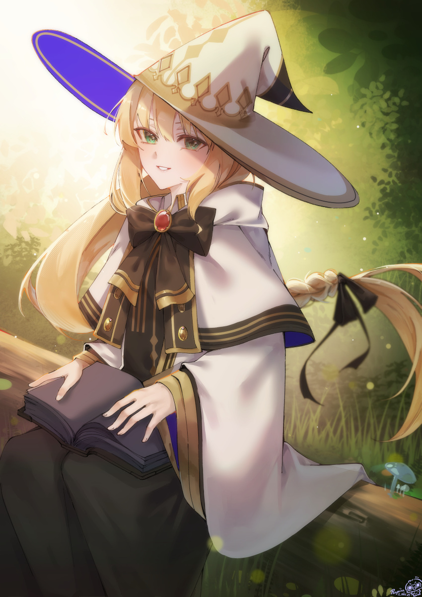 1girl, absurdres, aesc_(fate), aesc_(rain_witch)_(fate), black_dress, blonde_hair, book, bow