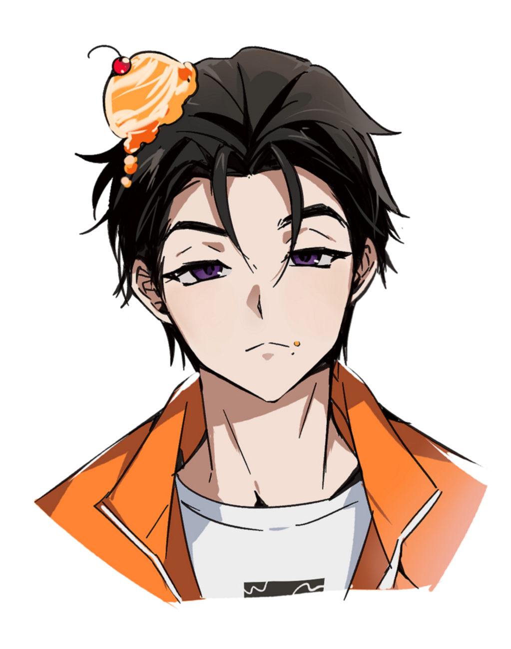 1boy, :<, black_eyes, black_hair, charisma_house, cherry, closed_mouth, commentary