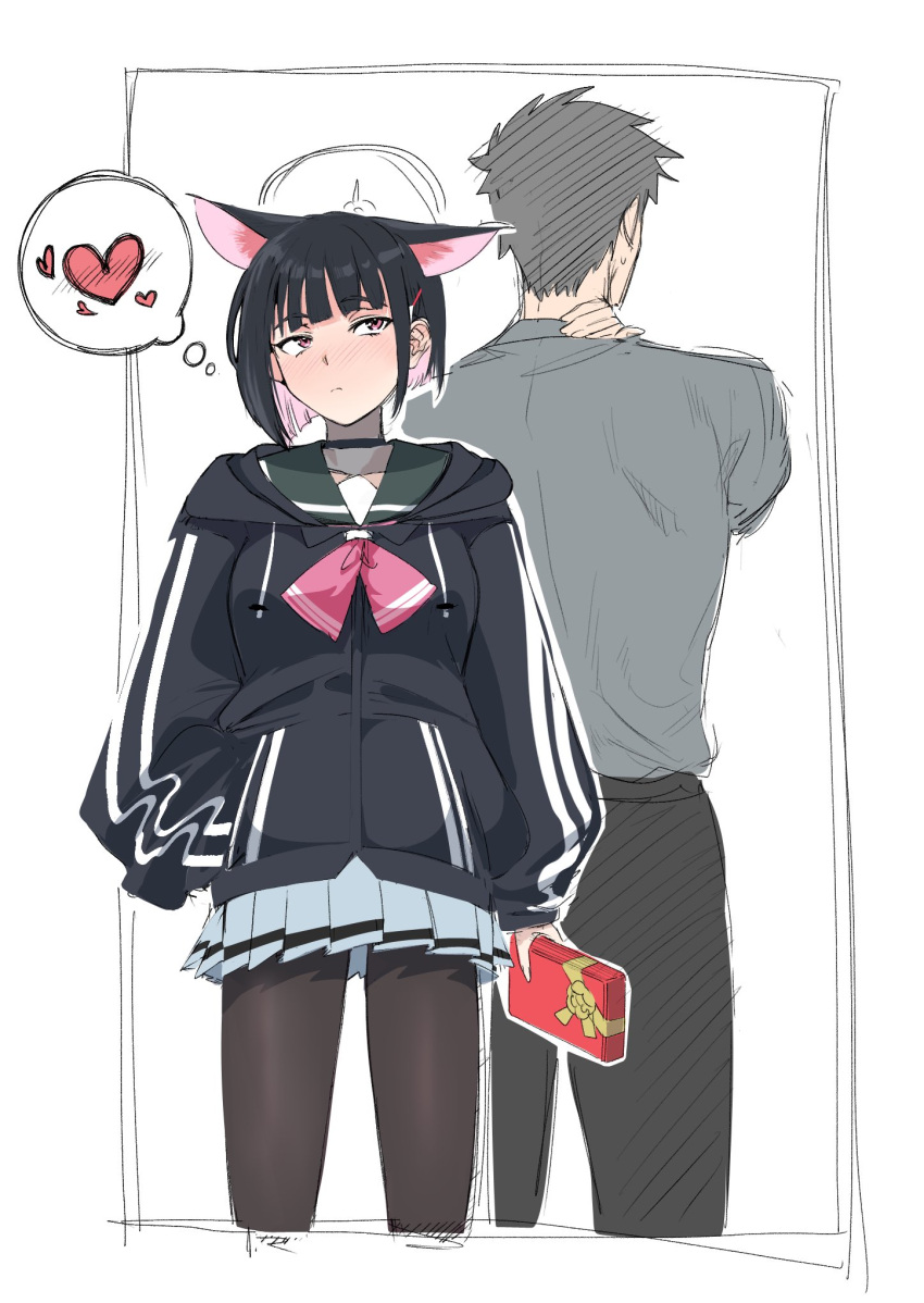 1boy, 1girl, animal_ears, back-to-back, black_choker, black_hair, black_jacket, black_pantyhose