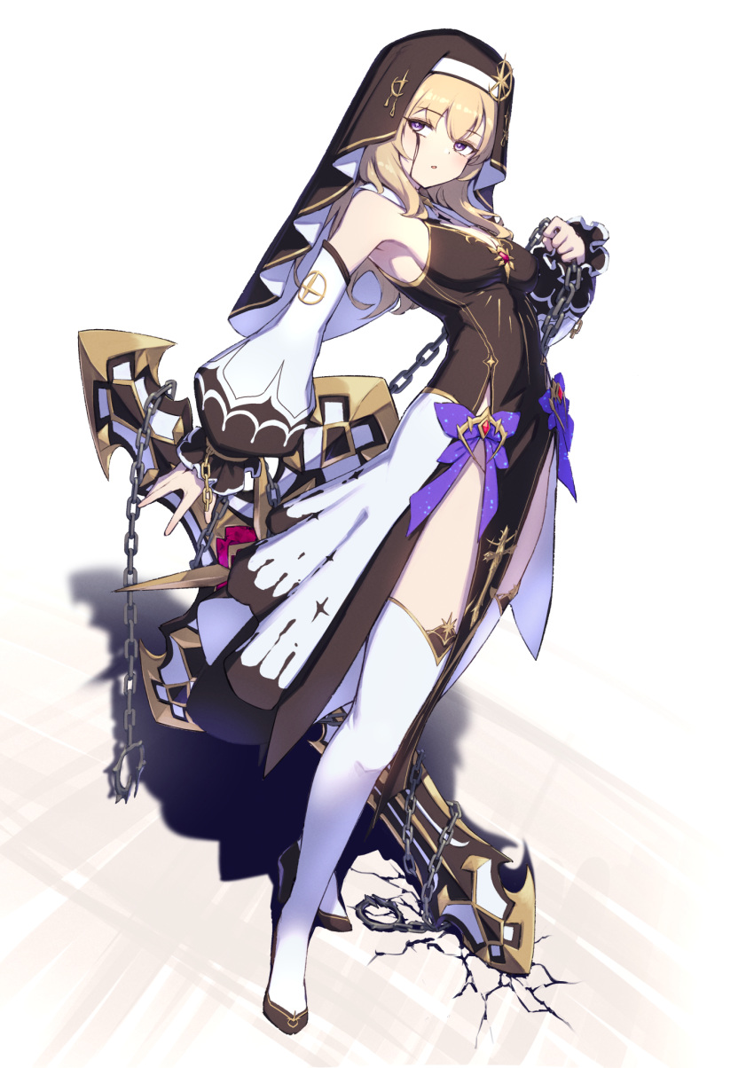 1girl, bare_shoulders, black_dress, black_footwear, black_tears, black_veil, blonde_hair, breasts, celestine_(letmebid), chain, cross-shaped_pupils, crying, crying_with_eyes_open, detached_sleeves, dress, full_body, gem, gold_trim, habit, hand_up, highres, holding, holding_chain, itaco, long_hair, long_sleeves, looking_at_viewer, nun, original, parted_lips, pelvic_curtain, puffy_long_sleeves, puffy_sleeves, red_gemstone, solo, symbol-shaped_pupils, tears, thigh-highs, veil, violet_eyes, weapon, white_thighhighs