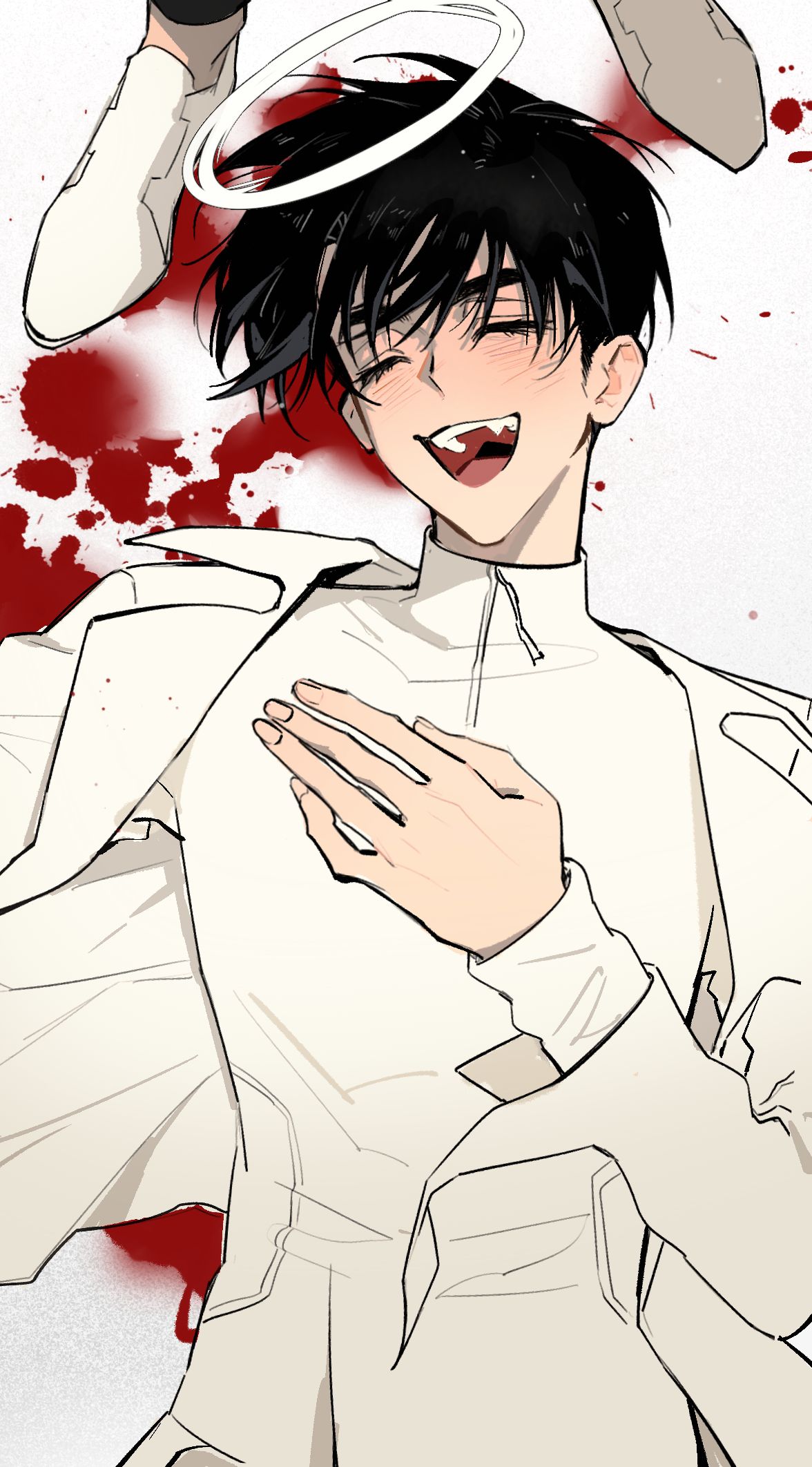 1boy, alien_stage, black_hair, blood, closed_eyes, coat, fang, halo