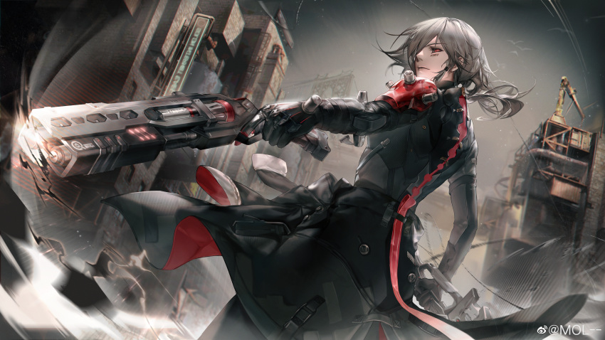 1boy, absurdres, barcode, barcode_tattoo, black_coat, black_gloves, black_sclera, building, coat, colored_sclera, cowboy_shot, facial_tattoo, from_side, gloves, grey_hair, grey_sky, gun, highres, holding, holding_gun, holding_weapon, looking_at_viewer, male_focus, mol--, official_art, punishing:_gray_raven, red_eyes, roland:_flambeau_(pgr), roland_(pgr), shoulder_plates, sky, solo, tattoo, weapon, weibo_logo, weibo_watermark