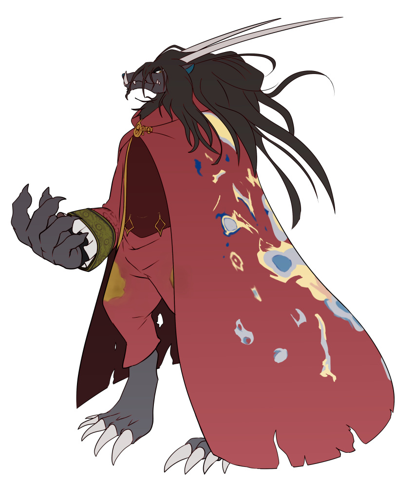 1boy, 96_gatefield, absurdres, black_fur, black_hair, claws, cloak, commentary_request, dated_commentary, dragon_boy, dragon_horns, fangs, highres, horns, large_hands, long_hair, looking_at_viewer, male_focus, pants, red_cloak, red_pants, red_shirt, ryuu_(ryuu_to_sobakasu_no_hime), ryuu_to_sobakasu_no_hime, shirt, white_background, yellow_eyes