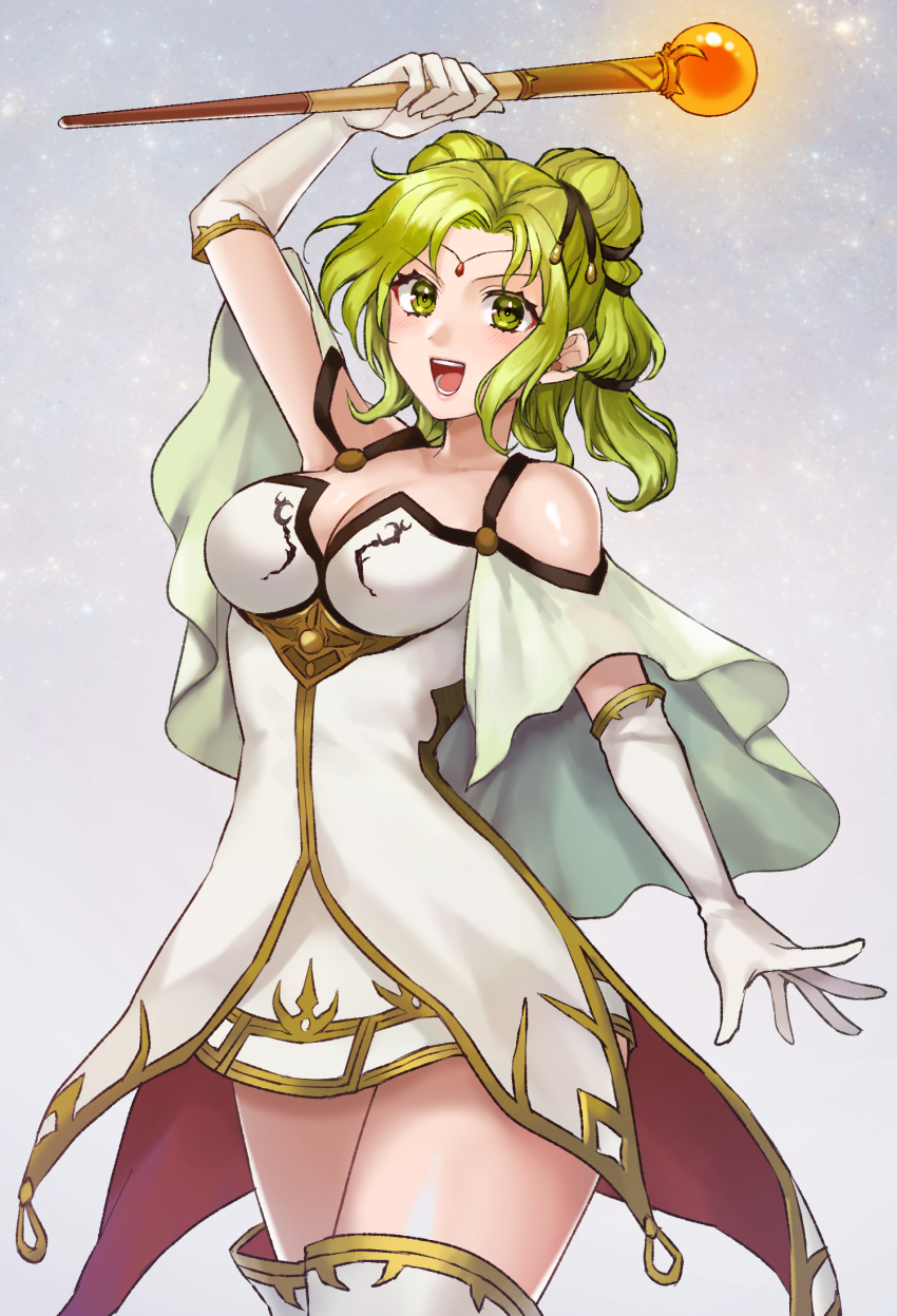 1girl, bare_shoulders, boots, breasts, capelet, circlet, commentary, dress