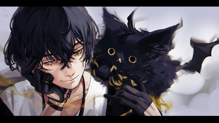 1boy, absurdres, animal_on_shoulder, aruse_inu, black_cat, black_gloves, black_hair, black_jacket