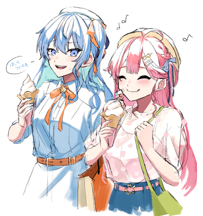 2girls, :q, a-rufu, ahoge, alternate_costume, bag, belt, blue_dress, blue_eyes, blue_hair, blue_nails, blue_skirt, blush, braid, breasts, closed_eyes, denim, denim_skirt, dress, finger_to_another's_cheek, food, food_on_face, hair_between_eyes, hair_ornament, hairclip, highres, holding, holding_bag, holding_ice_cream_cone, hololive, hoshimachi_suisei, ice_cream_cone, long_hair, looking_at_another, medium_breasts, multiple_girls, musical_note, neck_ribbon, orange_belt, orange_ribbon, pink_belt, pink_hair, pink_nails, pink_shirt, ribbon, sakura_miko, shirt, short_sleeves, simple_background, skirt, small_breasts, smile, star_(symbol), tongue, tongue_out, virtual_youtuber, white_background, wiping_face