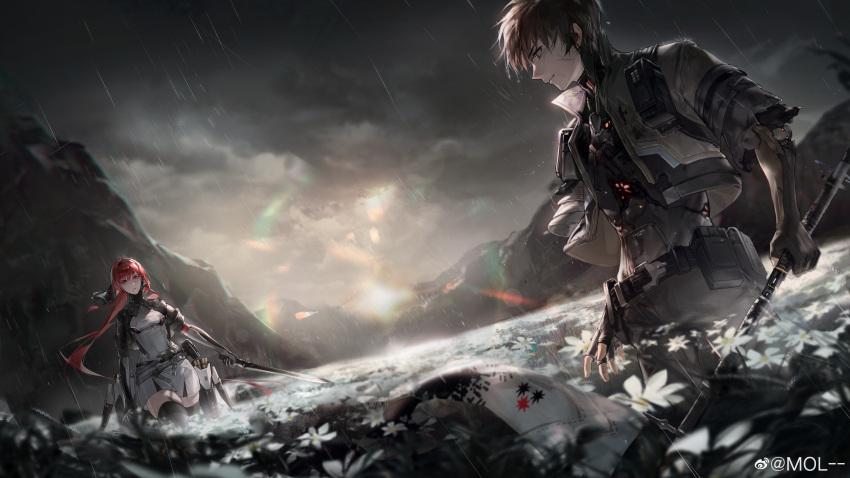 1boy, 1girl, absurdres, black_hairband, clouds, cloudy_sky, copyright_name, dark_clouds