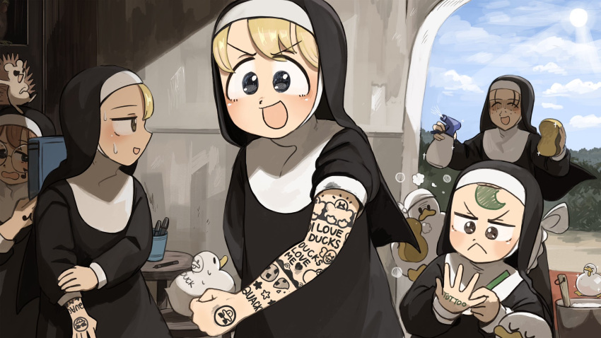 5girls, :d, arm_tattoo, bird, black_hair, blonde_hair, blue_eyes, body_writing