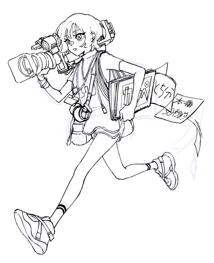 1girl, ankle_socks, bag, basketball_jersey, black_outline, cable, camera, choppy_bangs