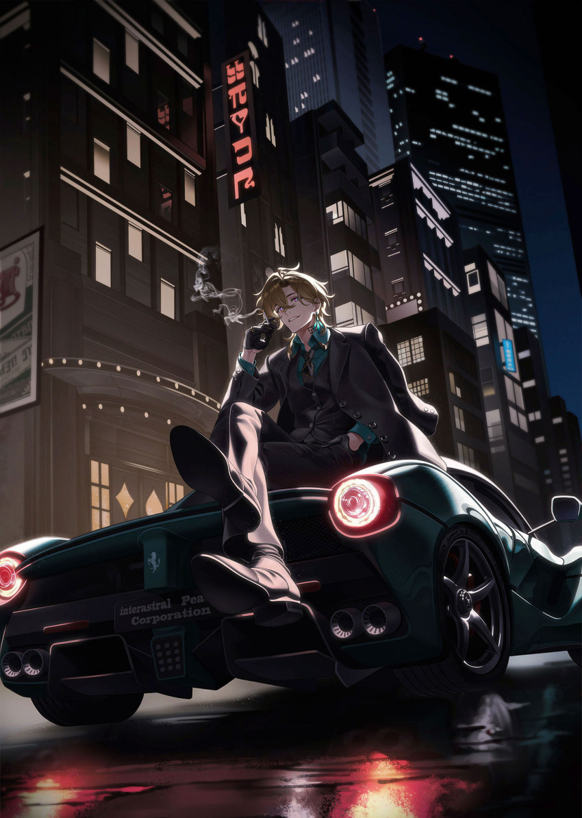 1boy, aqua_shirt, aventurine_(final_victor)_(honkai:_star_rail), aventurine_(honkai:_star_rail), black_car, black_footwear, black_gloves, black_jacket