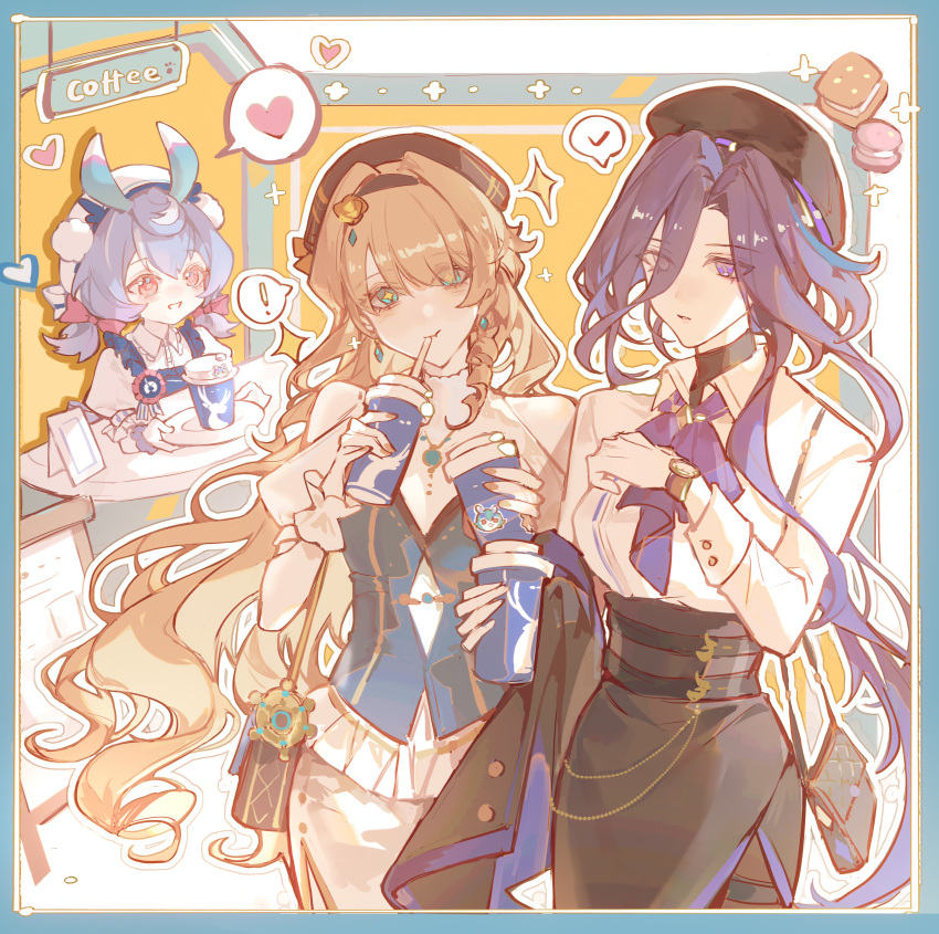 3girls, absurdres, alternate_costume, apron, ascot, bag, bare_shoulders, beret
