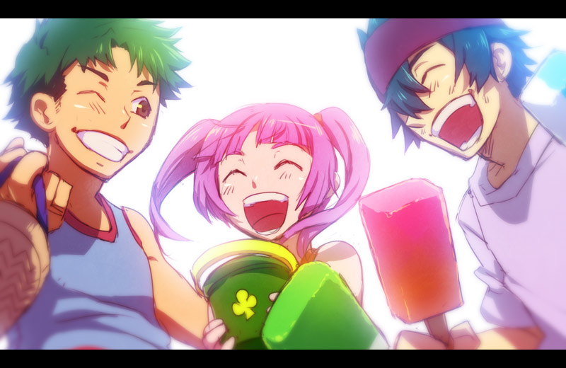 eyes_closed, gouda_tetsuya, honda_george, kiritachi, open_mouth, pink_hair, shinada_benio, star_driver, twintails, wink