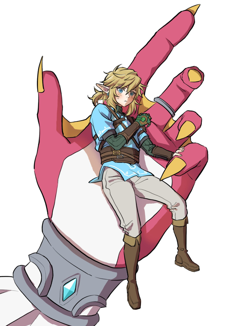 2boys, arm_up, belt, blonde_hair, blue_eyes, blue_tunic, blush, boots, bracelet, brown_belt, brown_footwear, chest_belt, closed_mouth, colored_skin, commentary_request, ear_piercing, earrings, fingernails, hair_between_eyes, highres, jewelry, link, male_focus, medium_hair, mini_person, miniboy, multiple_belts, multiple_boys, na_nako, out_of_frame, pants, piercing, pointy_ears, ponytail, prosthesis, prosthetic_arm, red_skin, ring, sharp_fingernails, short_ponytail, short_sleeves, sidon, simple_background, size_difference, the_legend_of_zelda, the_legend_of_zelda:_breath_of_the_wild, tunic, white_background, white_pants, white_skin, zora